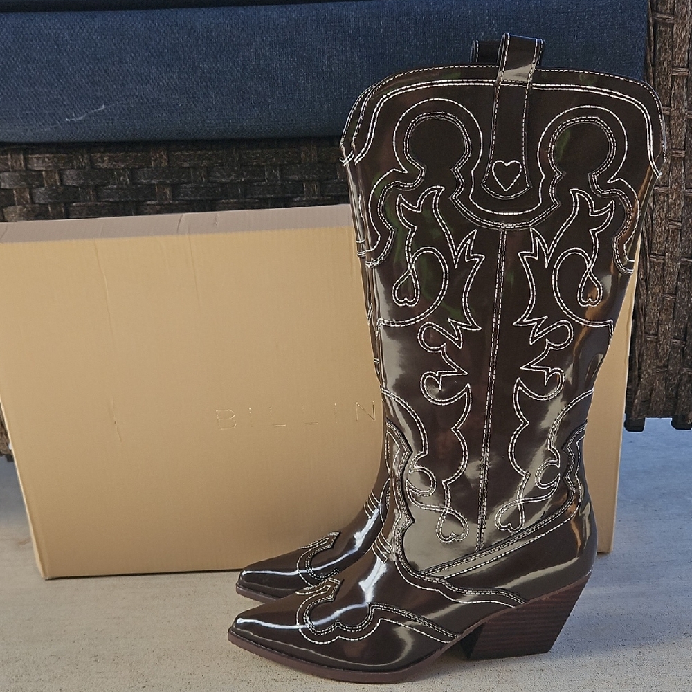 Billini Zaine Dark Cocoa Brown Shine Western Heeled Boots